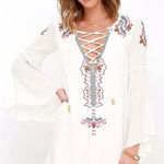 Lulus DRESS my bell-loved ivory embroidered Mini dress Tunic Lace Up Neckline S Photo 0