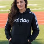 Adidas  Sweatshirt Hoodie Black 3-Stripe‎ Logo Stitched Women's Sz Small EUC Photo 0