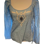 Rampage Y2K Vtg Women's XL Geneva Blouse Blue White Cut Outs 100% Cotton Photo 0