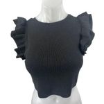 ZARA Women's Black Ruffle Sleeve Ribbed Knit Crew Neck Crop Blouse Top Size M Photo 0