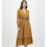 Outerknown  Womens Midi Dress Mustard Yellow Floral Smocked Waist Boho Tiered MED Photo 8