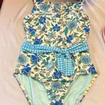 Lands' End Floral Blue and Cream Swimsuit Size 8 Photo 0