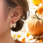 Vintage‎ Style Chic Polka Dot Bow Stud Earrings Tan Photo 1