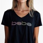 Bebe Sport Women's Black Mesh V-Neck Logo T-Shirt Short Sleeve Photo 0
