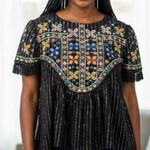 ZARA Black Embroidered Cap Sleeve Fringe Semi Sheer Metallic Thread Top Blouse S Photo 1