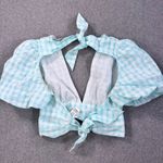 ZARA Gingham Tie Back Cropped Top Size XL Green Seersucker Puff Sleeve V-Neck Photo 7