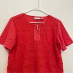 Alfred Dunner Coral Red Crochet Lace Overlay 1/4 Zip Zipper Short Sleeve Blouse Photo 4