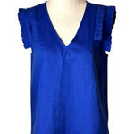 Jade Shirt Women Small Blue Linen Blend Ruffled V Neck‎ Top Preppy Lagenlook Photo 0