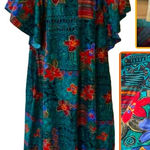 Women’s Vintage Hawaiian Maxi Dress size Medium Teal Floral Tribal Kaftan Casual Multiple Photo 0