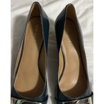 Nine West Women’s 9M Blue Leather Open Toe Wedge Heel Shoes/Buckle Detail Photo 2