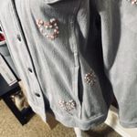 Coldwater Creek  Embroidered Denim Jacket PXL grey hearts Boho trucker stretch Photo 2