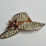 Monet  Orange & Yellow Rhinestone Hat Brooch Pin Gold Tone Signed Photo 0