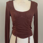 Krush Metallic Brown Ruched Square Neck Top Large Long Sleeve Y2K Hipster Streetwear‎ Photo 0
