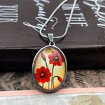 Handmade Red Floral Pendant Necklace 20” Stainless Steel Boho Statement Jewelry Photo 3