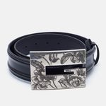 Gucci  GG Logo Floral Flower Engraved Buckle Black Leather Dress Belt Photo 0