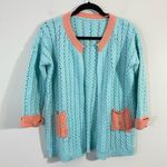 Handmade Vintage Baby Blue & Coral Open Front Cable Knit Cardigan Photo 0