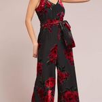 Anthropologie Ettwa Burnout Velvet Jumpsuit Black Red Floral Wide Leg small Photo 0
