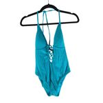 Lucky Brand Golden Wave Lace Front Tie One Piece Swimsuit Textured Blue M Photo 3