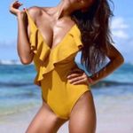 Cupshe NWT Gold Mustard one piece solid swimsuit bathing suit Ruffled Size Small Photo 4