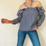 J.Crew  Blue White Striped Off the Shoulder Ruffle Halter Top Blouse Size 2 XS Photo 5