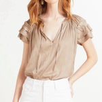 Evereve New! ‘Lydia’ Flutter Silky Satin Blouse In Taupe Women’s Size Medium Photo 0
