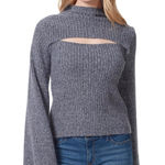 Jessica Simpson Women XS Gray Ribbed Cutout Mock Neck Long Bell Sleeve Sweater # Photo 0