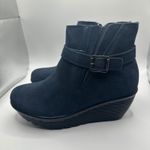 Skechers Women's Navy Suede Wedge Ankle Boots Memory Foam Side Zip Buckle 7.5 Photo 2