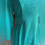 Vintage 80s Henry Lee teal floral monochrome fitted long sleeve dress, size 6 Blue Photo 3