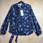 Vanessa Williams Bow Blouse NWT Size Small Blue Crane Floral Print Long Sleeve Photo 0