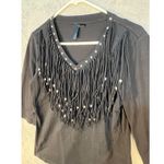 Black Fringe Western Cropped Shirt Medium 3/4 Sleeve Beaded Rodeo Cowgirl Photo 2