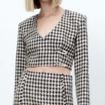 ZARA  Houndstooth Cropped Blazer Jacket Black White Crystal Safety Pins Medium M Photo 0