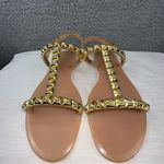 Stuart Weitzman Shoes 10 Gold Womens Jelly Rose Studded T-Strap Sandals Photo 3