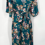 MAISIE JUMPSUIT Women’s S Satin Teal Floral Vneck Wide Crop Split Hem Leg Flowy Gray Photo 0