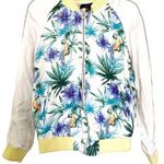 Forever 21 White Blue Floral Tropical Print Silk Bomber Jacket Size Small Photo 0
