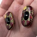 Vintage Unsigned Red Gold Black Clip On Earrings Classy Retro Glamour Party Glam Photo 2