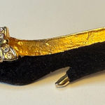 Vintage Black and Gold Shoe Brooch with Rhinestone Bow Photo 1