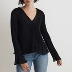Madewell Pleated Flare Sleeve Top Black Semi Sheer Blouse NN935 $82 NWT Size L Photo 0