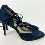 Boden Suede Leather Heels Size 38 US 7 Navy Blue T Strap Bow Tie Detail 3.5 Heel Photo 1