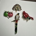Rhinestone Parrot, Cardinal, Peacock, Owls Brooch Pin Lot Of 4 Gold Tone Photo 0