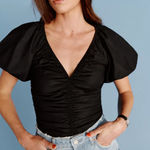 Reformation  Sonny Puff Sleeve Top Size 10 Black Short Sleeve Ruched Blouse Photo 0