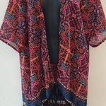 Rue 21 Women’s Monroe Kimono Purple Red Geometric Fringe Hem Open Front Top L Photo 0