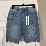 Neon Blonde Denim Skirt Star Details Distressed Hem NWT Blue Size 6 Photo 0