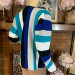 HANDMADE BLUE, BLACK, GRAY AND WHITE STRIPED CROCHET CARDIGAN (L) Blue Size L Photo 3