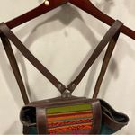Handmade Groovy Aztec rainbow stitched green suede chocolate leather bucket backpack bag Photo 7