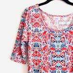 LuLaRoe Dress M Nicole Geometric Floral Leaf Printed Orange Blue Photo 2