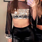 Cider Mesh & Sequin Bell Sleeve Crop Top Photo 0