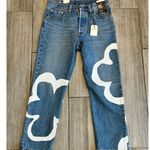 NEW Levi's 501 Crop Paint by Number Flower Wavy Lined Straight Jeans 28 x 26” Blue Photo 5