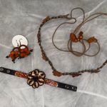 Handmade leather earrings, bracelet, and headband Brown Photo 1