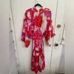 Natori Floral Long Robe & Gown Set Sz Medium Red Pink Satin Abstract Watercolor Photo 2