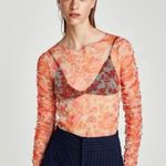 ZARA Sheer Floral Blouse Ruffle Sleeves Ruched S Orange Photo 0